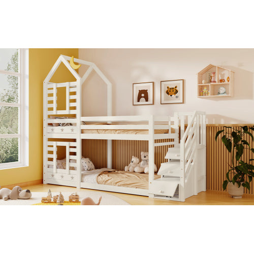 Wooden House Bunk Bed with Storage Stairs & Playhouse Frame - Morderncharm store