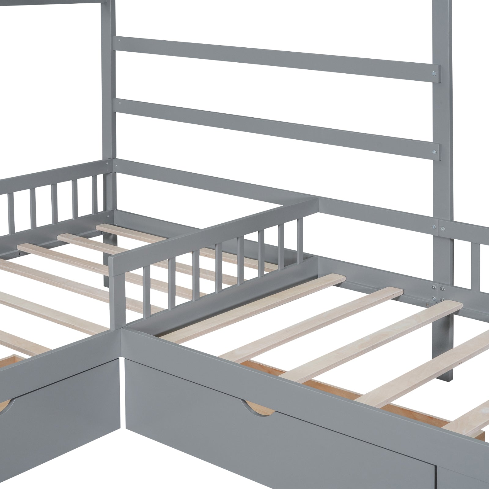 Twin size gray house platform bed with three built-in storage drawers and a cozy, modern design.