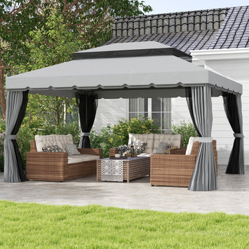 10' x 13' Patio Gazebo w/ Aluminum Frame Double Roof, Outdoor Gazebo Canopy Shelter with Netting & Curtains, Gray
