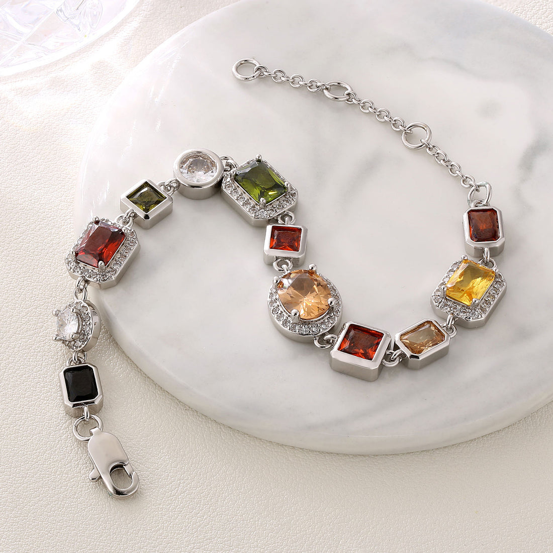 Colorful gemstone hand chain bracelet with cubic zirconia accents, vintage 18K gold plated jewelry for women and men.