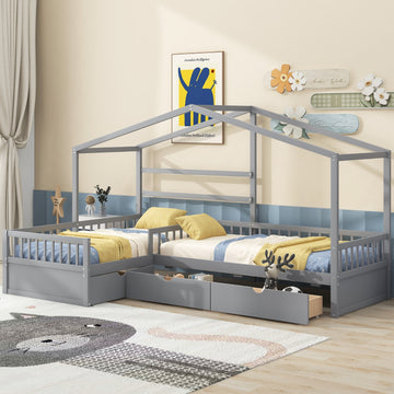 Twin size house platform bed in gray with three built-in storage drawers, featuring a cozy house-shaped design.