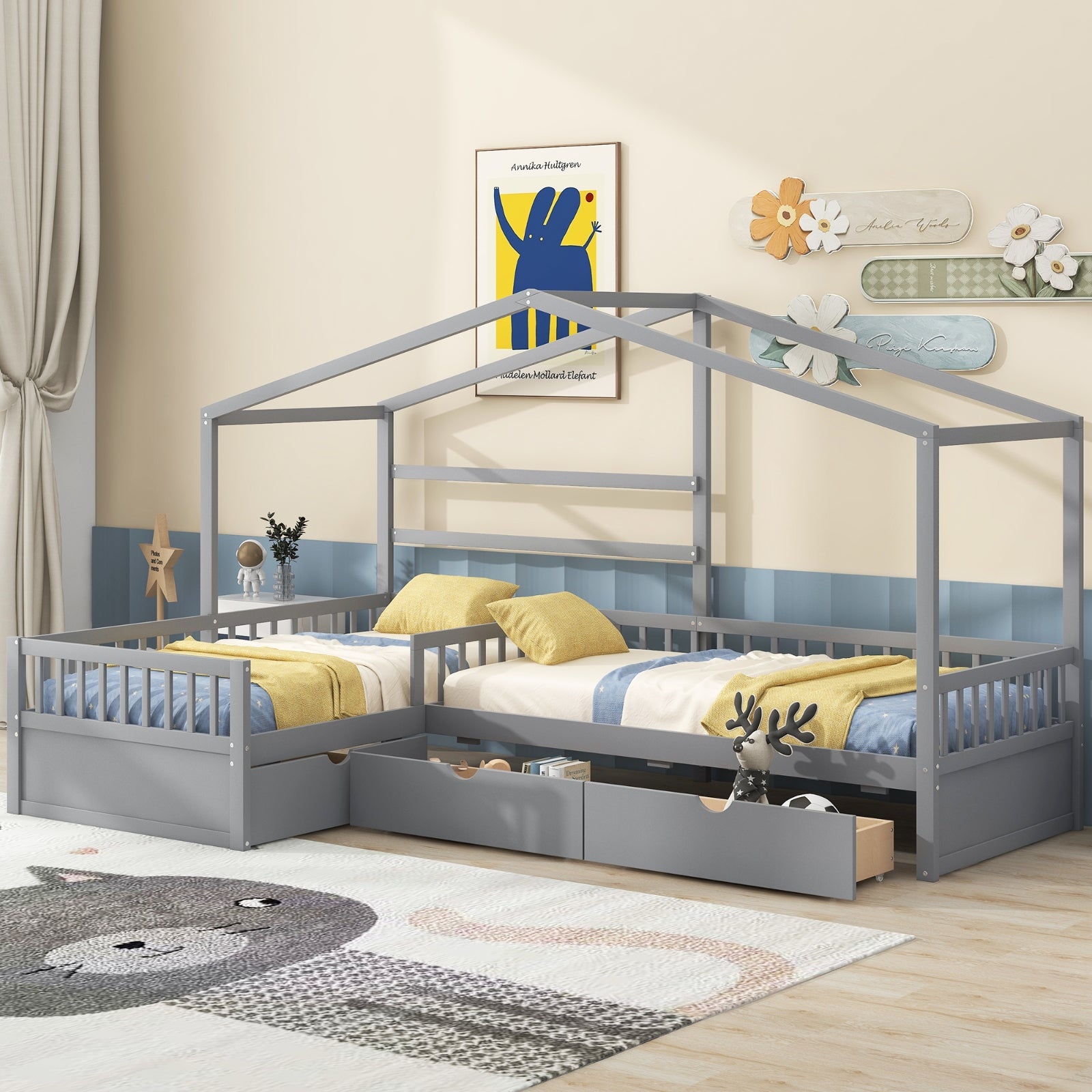 Twin size house platform bed in gray with three storage drawers, featuring a cozy house-shaped headboard and modern design.