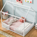 Twin modern wood house bed frame with a cozy, cabin-inspired design and sturdy wooden construction, ideal for a child's bedroom.