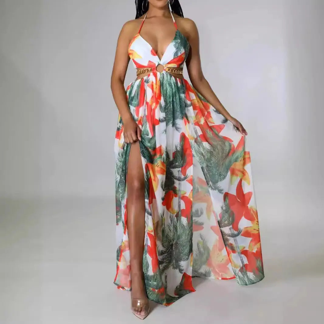 Summer women's printed polyester dress with floral design and high waist.