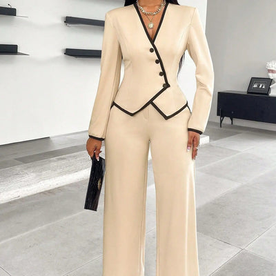 Single-breasted contrast color trim suit with regular sleeves in beige, composed of polyester.