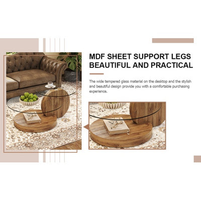 Modern And Practical Double-layer Round Table. Glass Table Top, Wood MDF Table Legs. Suitable For Living Room And Bedroom