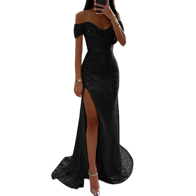 Female Creative Solid Color Sparkling Slit Dress null