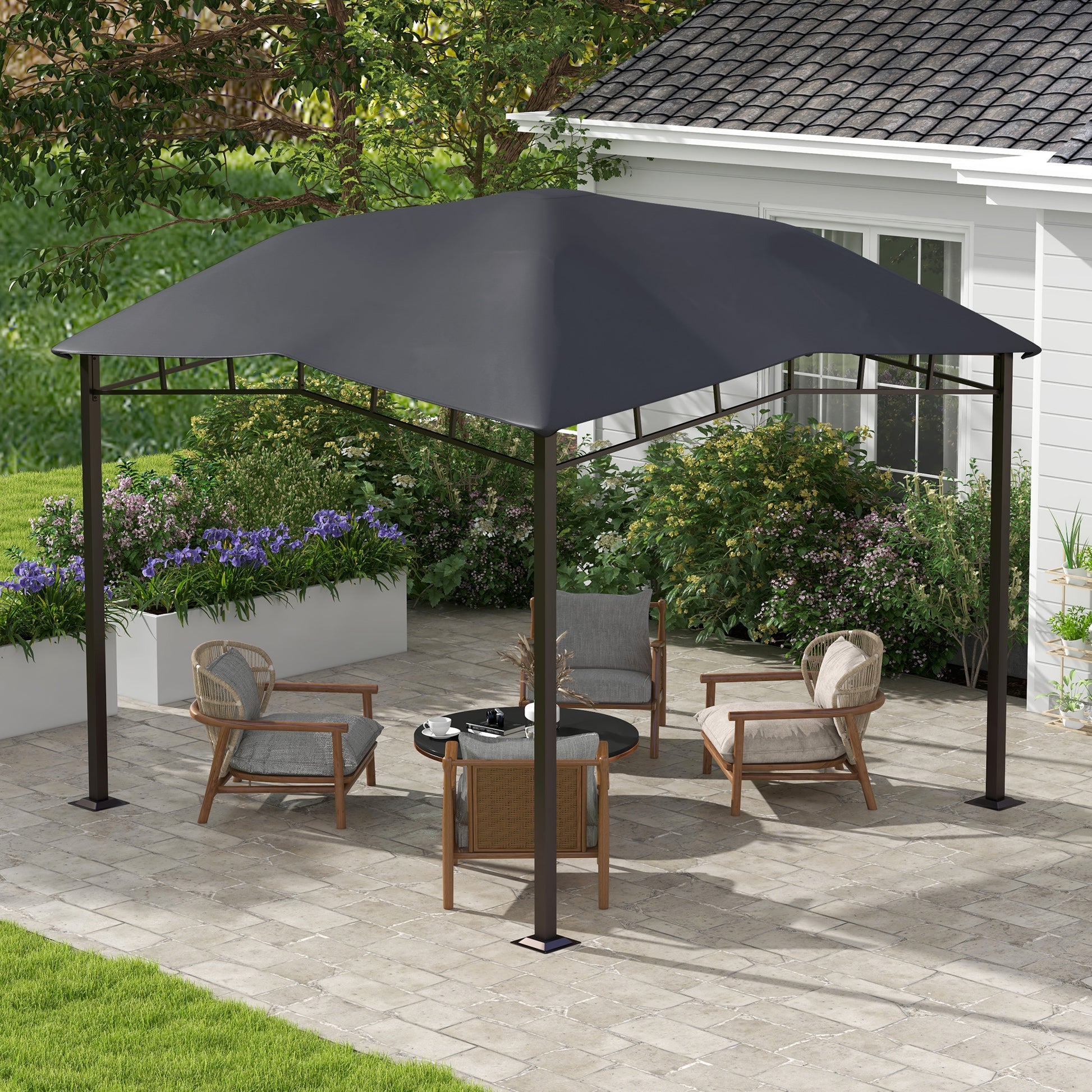 10x10 soft top patio gazebo with geometric roof, outdoor canopy for shade and style in garden or backyard spaces.