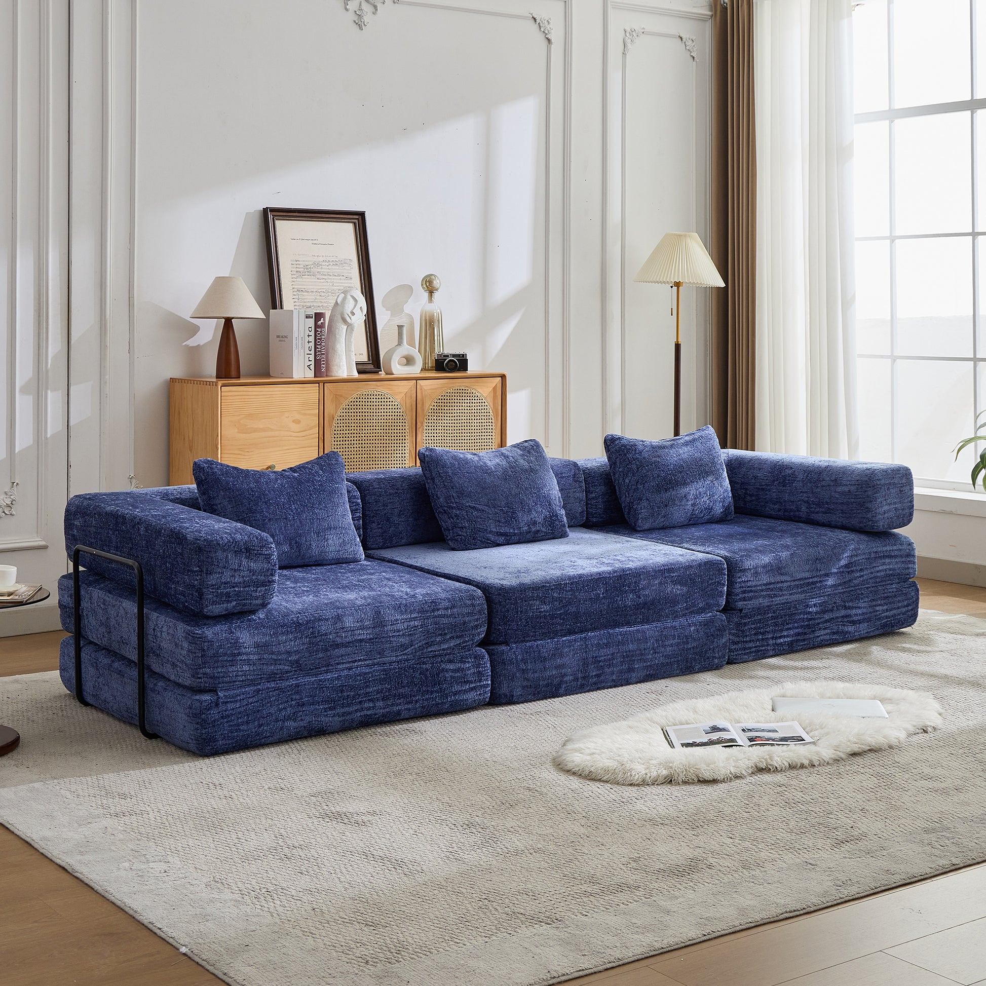 Compression Sofa,Convertible Floor Sofa Bed With Fixed-Shape Frame, Boneless Modular Sectional Sofa,No Assembly Required,Chenille Fabric,for Living Room Bedroom,Dark Blue - Morderncharm store