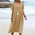 Women's Summer Loose Casual Midi Dress Breathable Cotton Linen Short-sleeve Mid-length Dresses Women Simple Beach Dress null