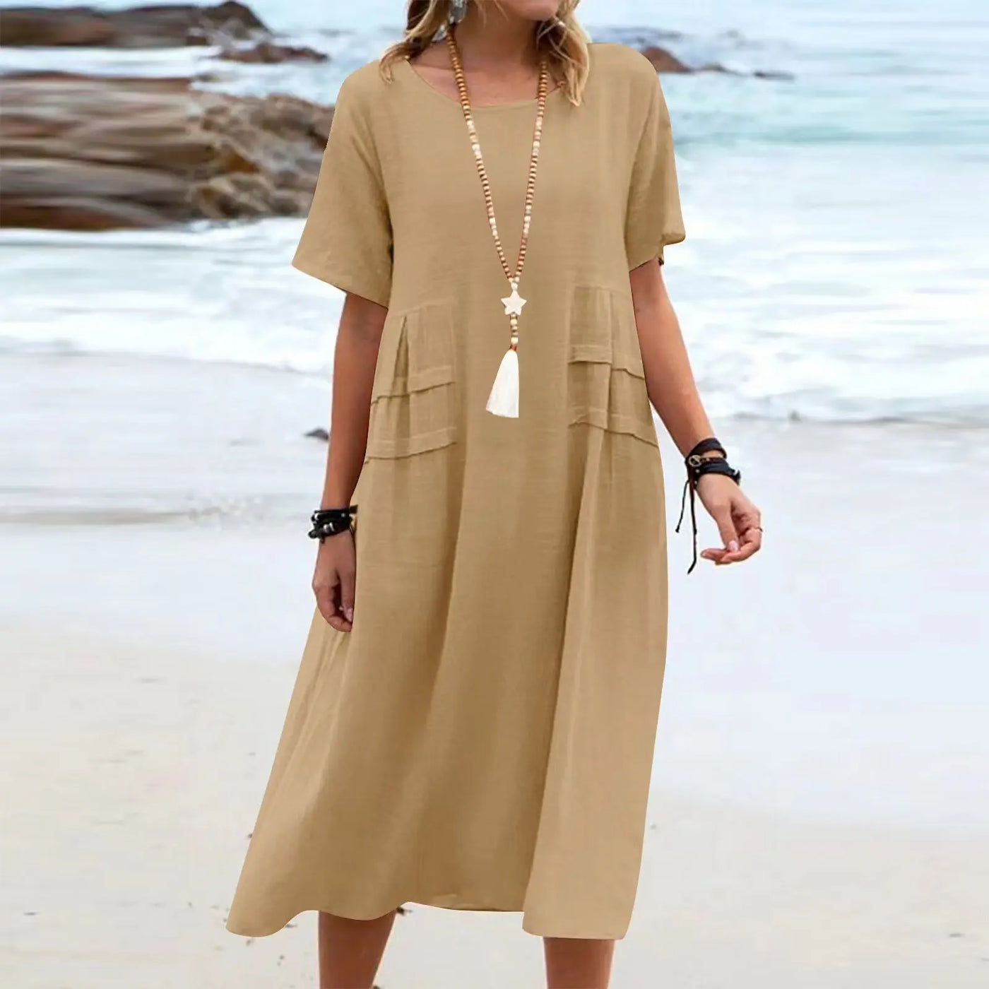 Women's Summer Loose Casual Midi Dress Breathable Cotton Linen Short-sleeve Mid-length Dresses Women Simple Beach Dress null