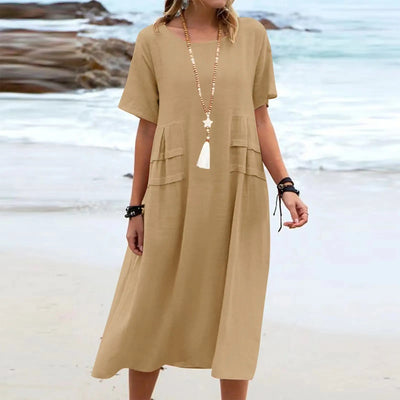 Women's Summer Loose Casual Midi Dress Breathable Cotton Linen Short-sleeve Mid-length Dresses Women Simple Beach Dress null
