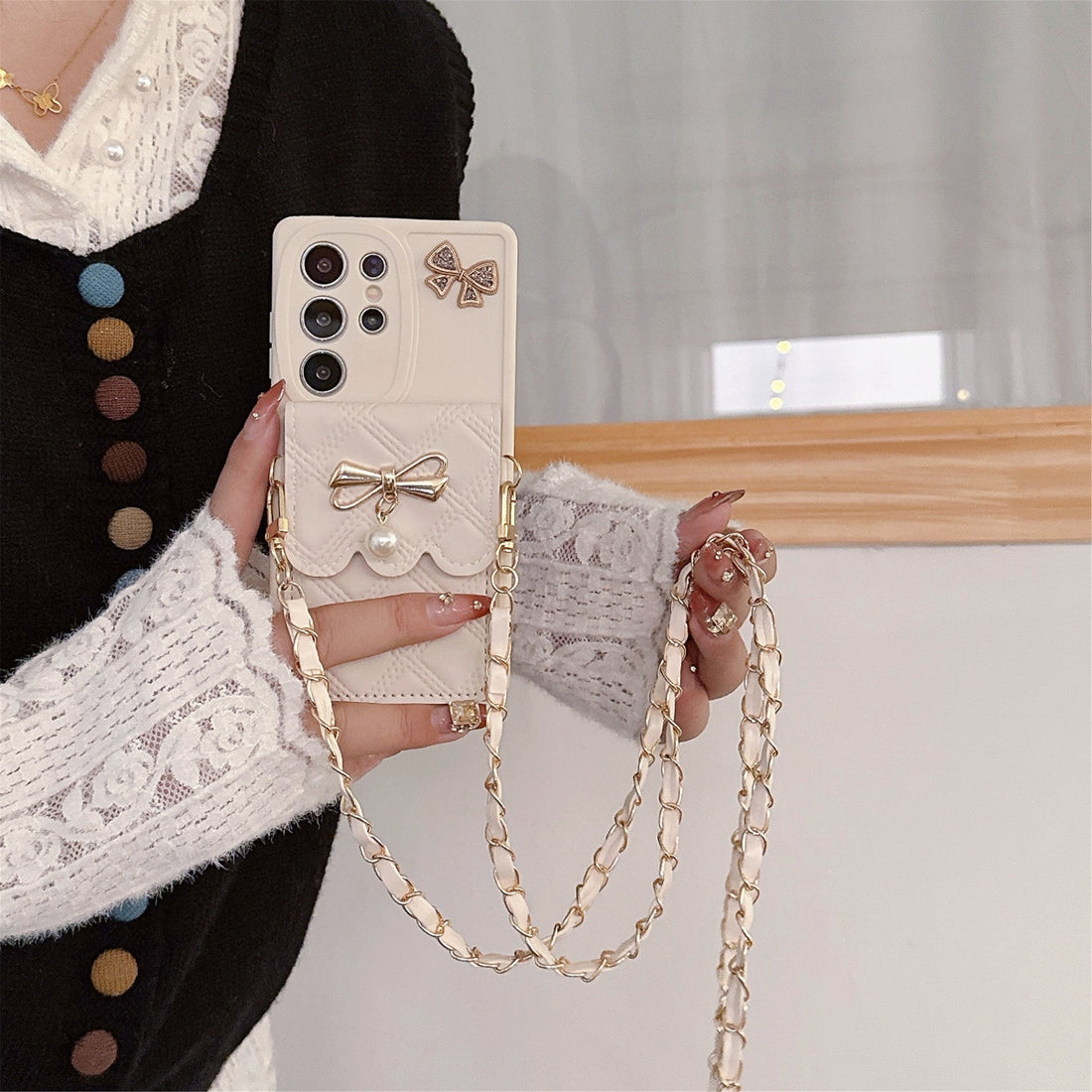 Applicable To S25Ultra Phone Case Pearl Butterfly Rhombus Card Holder Phone Case null