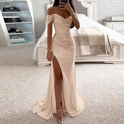 Female Creative Solid Color Sparkling Slit Dress null