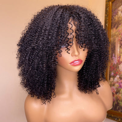 Kinky Curly Human Hair Wigs With Bangs null