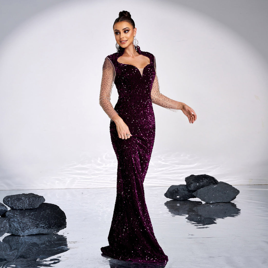 Long Sleeve Square-neck Banquet Sequined Rhinestone Fishtail Dress null