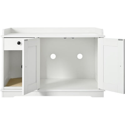 GO Cat Litter Box Enclosure, Litter Box Furniture Hidden With Cat Litter Mat, Indoor Cat House With Storage Drawer Side Table, Farmhouse Style Cat Box Cabinet For Living Room, White