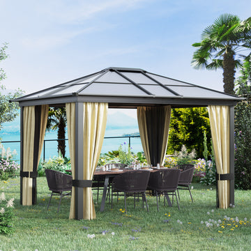 10' x 12' Hardtop Gazebo Canopy with Polycarbonate Roof, Aluminum Frame, Permanent Pavilion Outdoor Gazebo with Netting, for Patio, Garden, Backyard, Deck, Lawn, Black, Beige