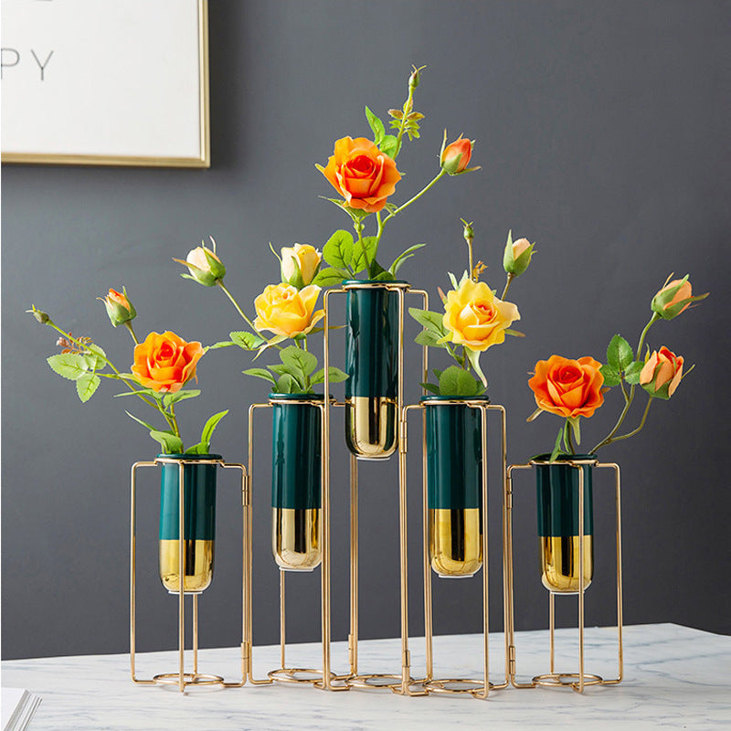 Creative Nordic Metal Iron Test Tube Ceramic Vase Transparent Small Table Decoration Living Room Arrangement null