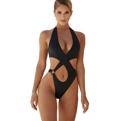 Sexy One-Piece Swimsuit Women's Solid Color Cross Hollow Large Size Bikini Bikini Swimwear null