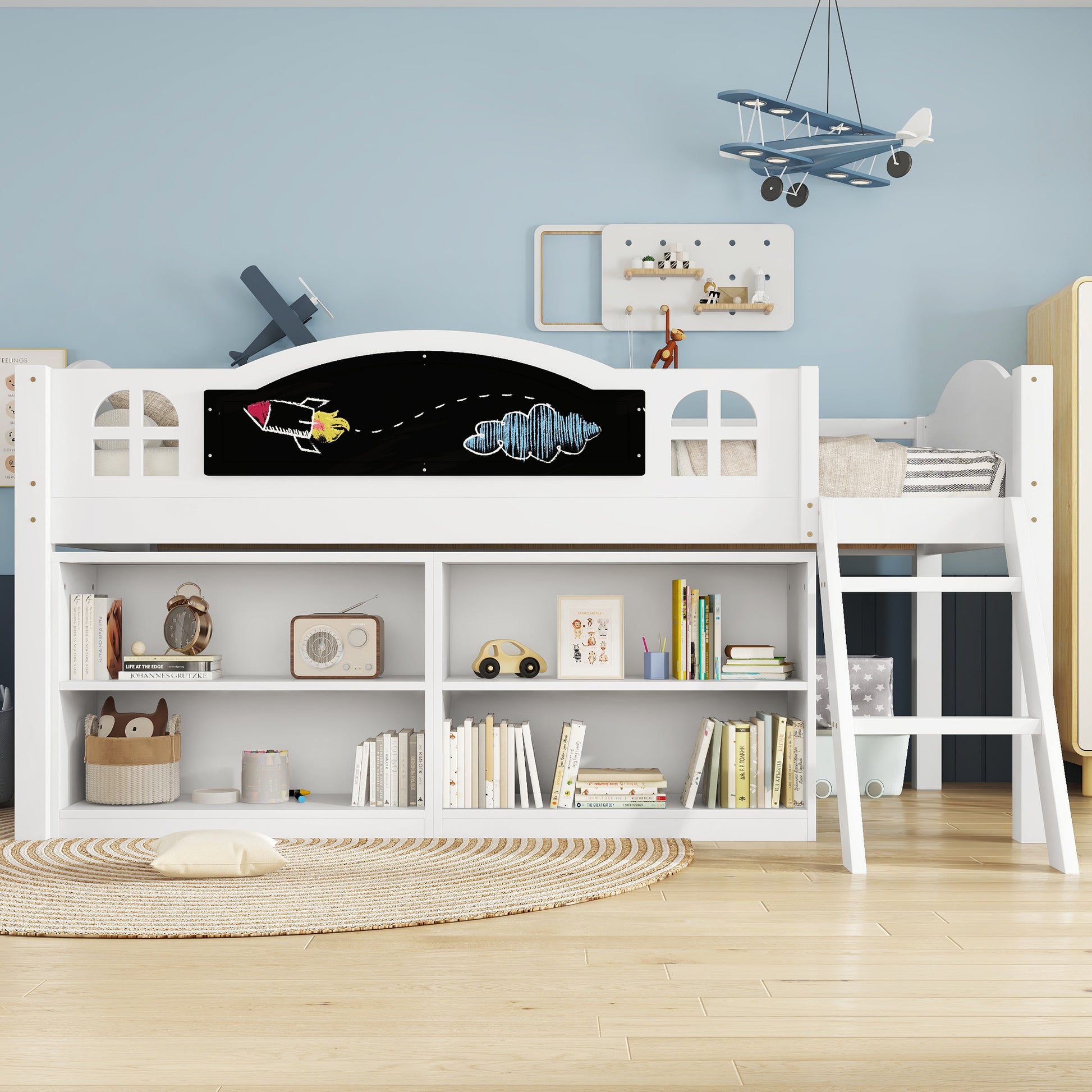 Wooden Bed, Storage Bed, Includes A Blackboard For Graffiti, 3ft Single Bed 90x190cm, Two-step Inclined Staircase, Includes Storage Cabinets, Pine-MDF-PB-Plywood, White - Morderncharm store