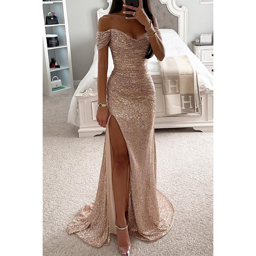 Luxury Black & Gold Velvet One-Shoulder Maxi Gown - Morderncharm store