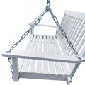 Classic white wooden porch swing with armrests and hanging chains, ideal for outdoor relaxing porch decor.