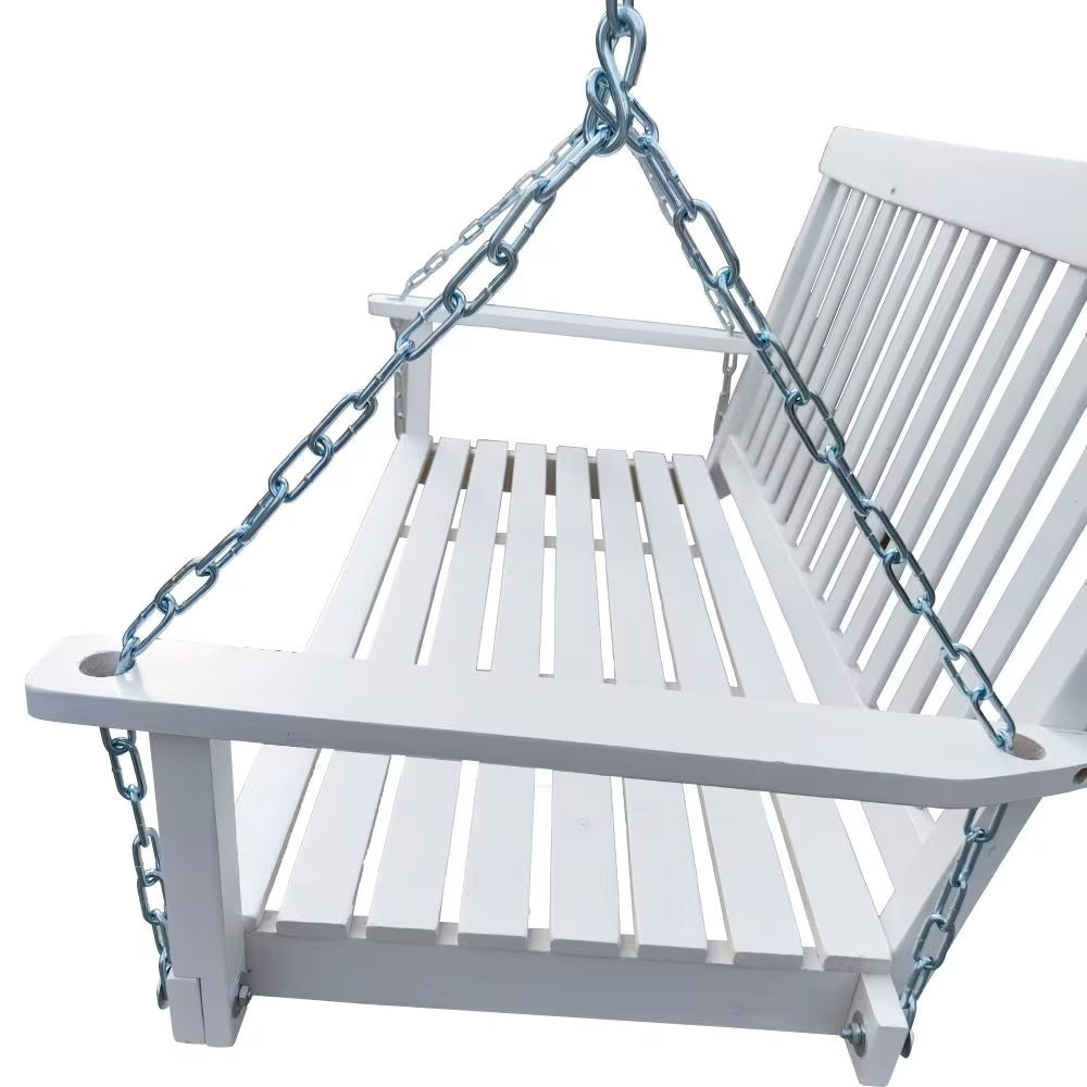 Classic white wooden porch swing with armrests and hanging chains, ideal for outdoor relaxing porch decor.