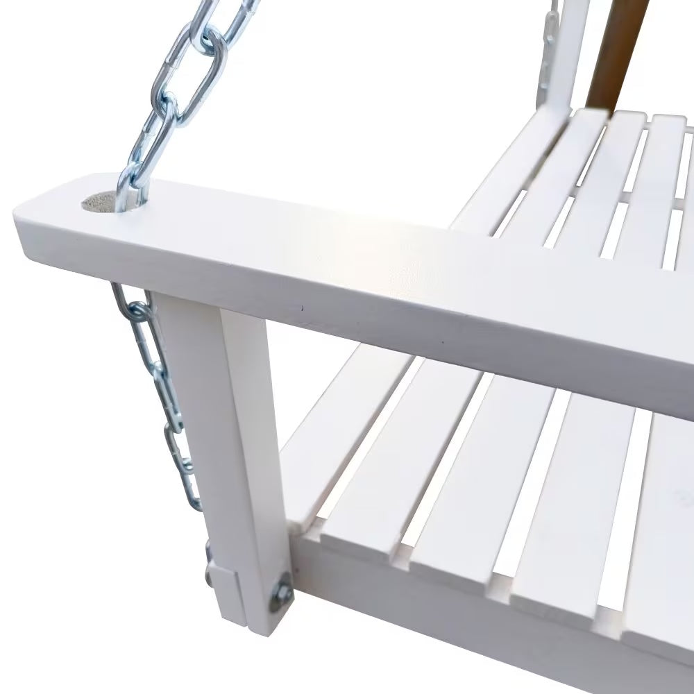 White wooden porch swing with a classic design, featuring sturdy armrests and a slatted seat, ideal for outdoor relaxation.