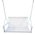 White wooden porch swing with slatted back and armrests, hanging from sturdy chains, perfect for outdoor relaxation.