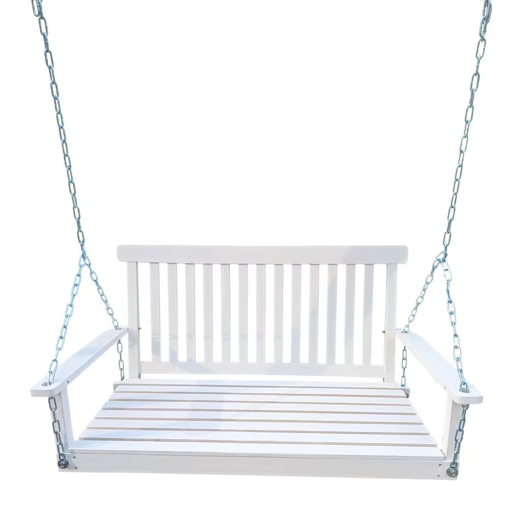 White wooden porch swing with slatted back and armrests, hanging from sturdy chains, perfect for outdoor relaxation.
