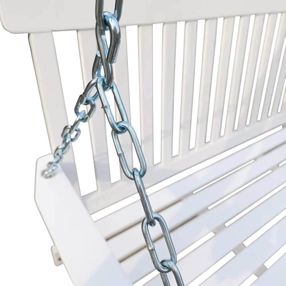 White wooden porch swing with classic design, featuring a sturdy frame and slatted seat, perfect for outdoor relaxation.