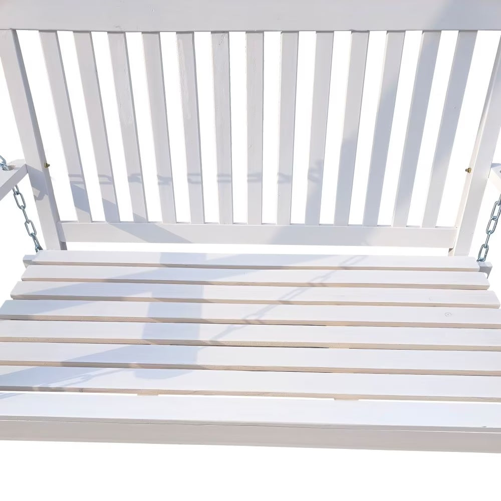 White wooden porch swing with classic design, featuring a sturdy frame and comfortable seating, perfect for outdoor relaxation.