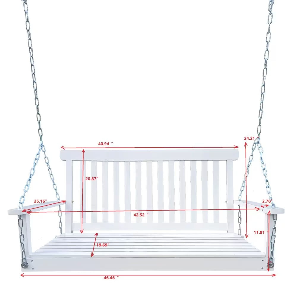 White wooden porch swing with a classic design, featuring a sturdy frame and slatted seat for outdoor relaxation.