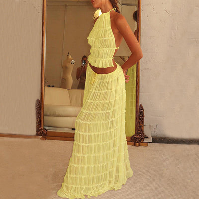 2pcs Women's Dress Suit Sexy Sleeveless Backless Cropped Halter Top And Pleated Long Skirt Beach Clothing null