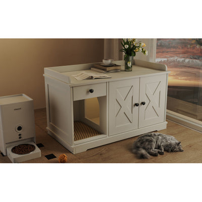 GO Cat Litter Box Enclosure, Litter Box Furniture Hidden With Cat Litter Mat, Indoor Cat House With Storage Drawer Side Table, Farmhouse Style Cat Box Cabinet For Living Room, White