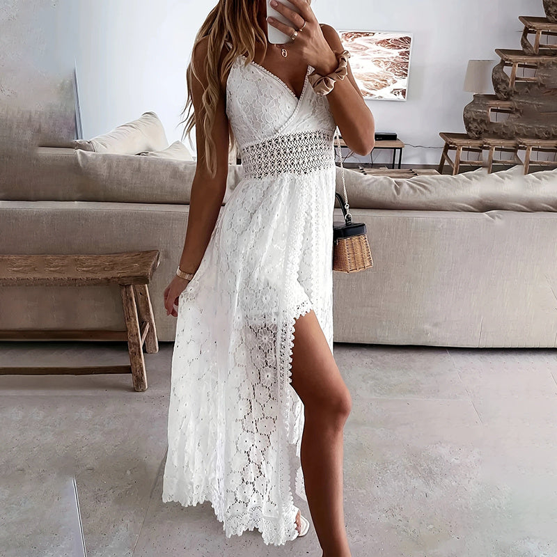 White Floral Lace Maxi Romper Dress