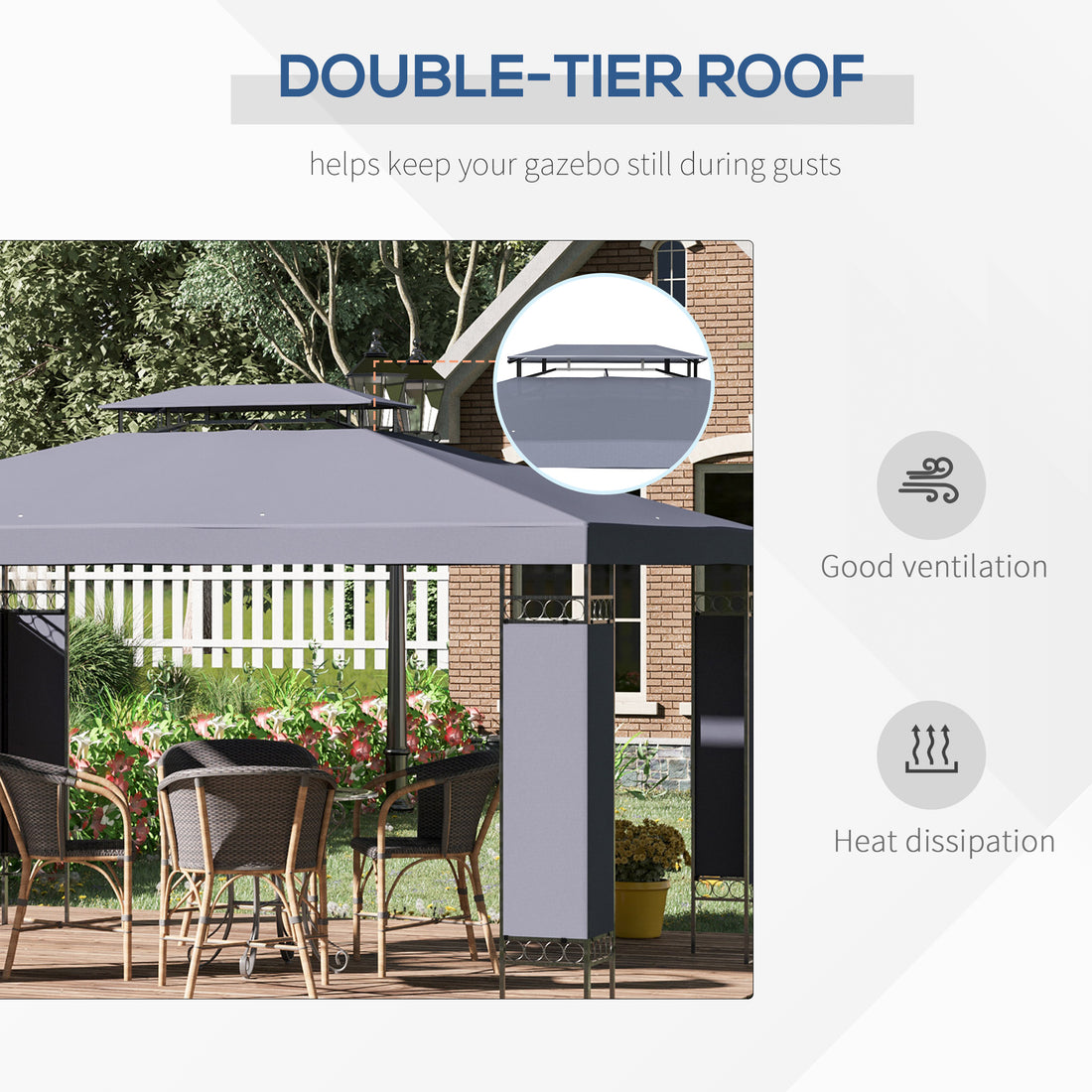  10' x 13' Patio Gazebo, Double Roof Outdoor Gazebo Canopy Shelter with Screen Decorate Corner Frame, for Garden, Lawn, Backyard and Deck, Gray