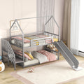 Twin over twin house bunk bed with slide and storage stairs, featuring a wooden frame and playful design for kids' bedroom.