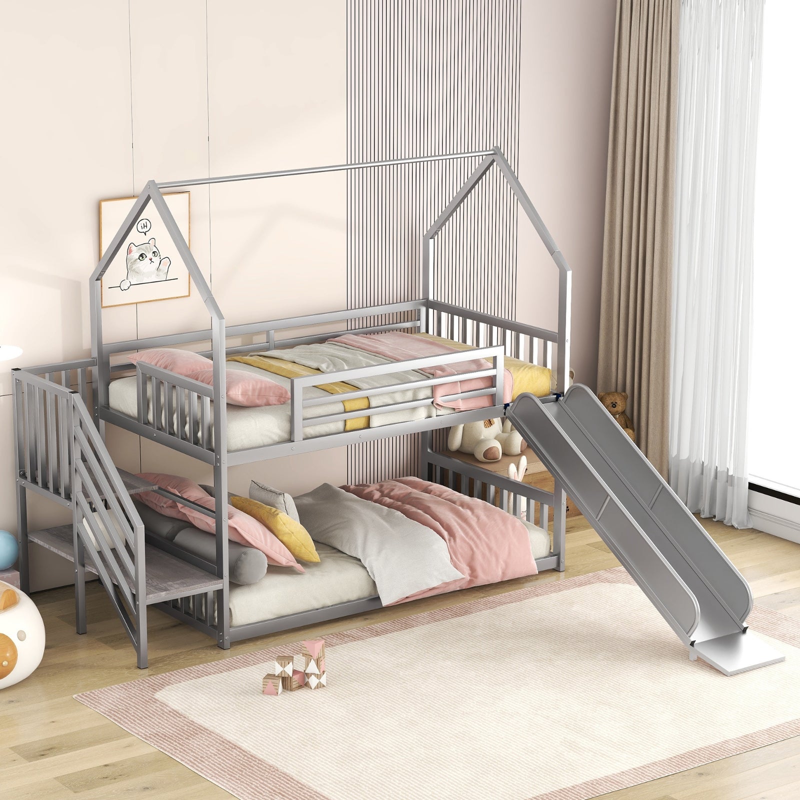 Twin over twin house bunk bed with slide and storage stairs, featuring a wooden frame and playful design for kids' bedroom.