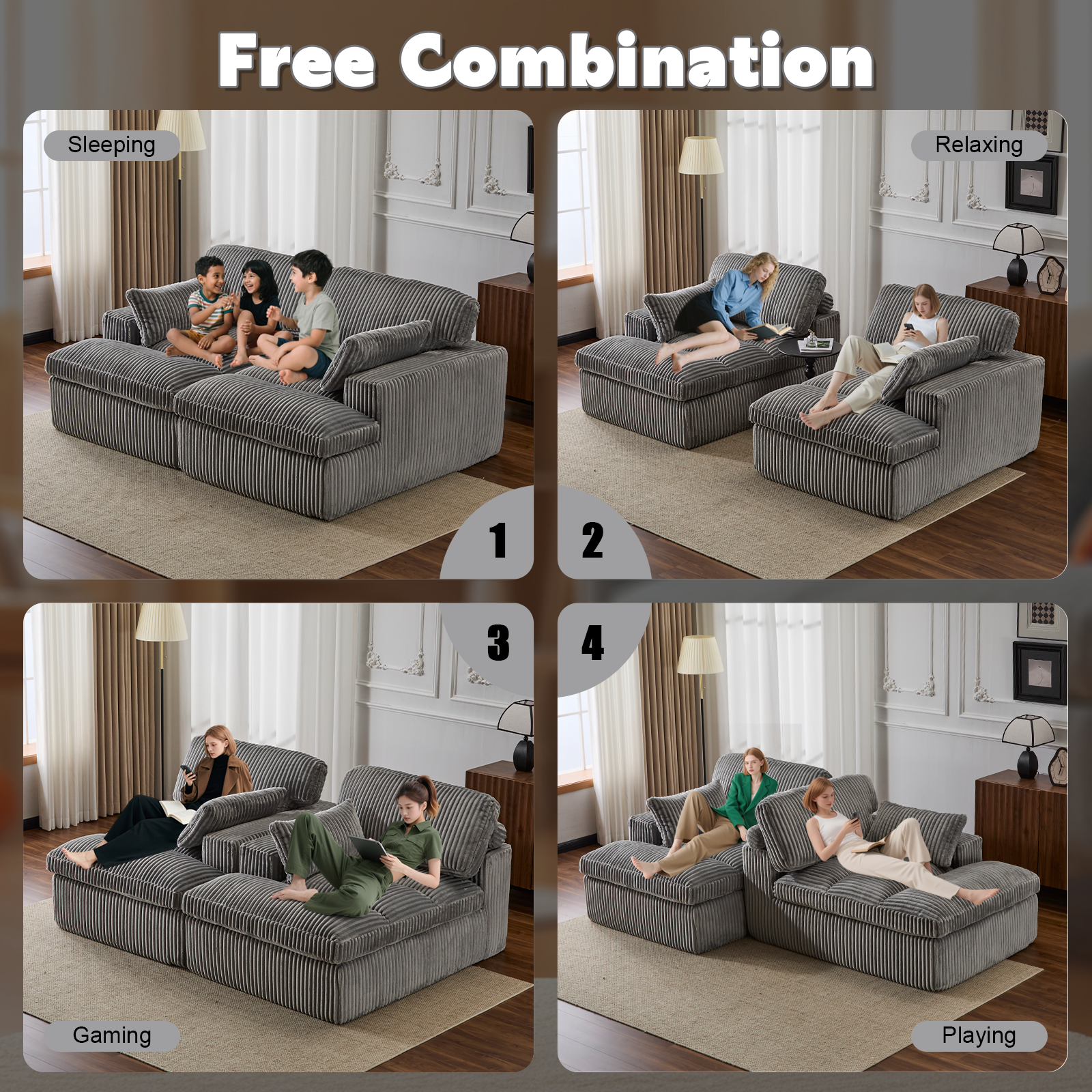 Double Chaise Lounge Chair Indoor,Oversized Upholstered Sleeper Cloud Couch,Deep Seat Luxury Sofa Bed,Sectional Sofa Chaise Love-seat,Corduroy Reading Chair For Living Room,No Assembly Required,Grey - Morderncharm store