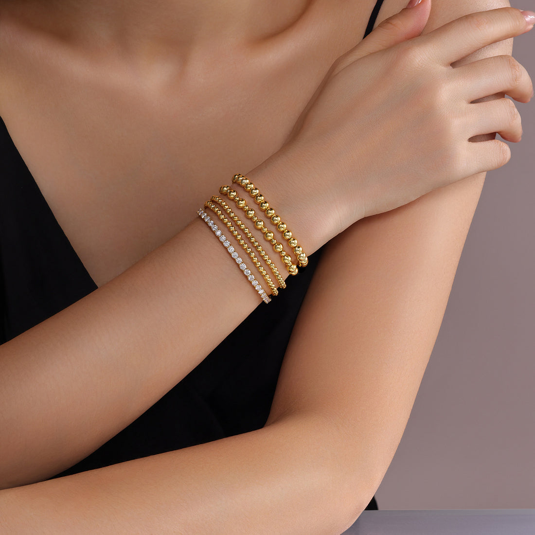 5-Piece Gold Bead & Crystal Tennis Bracelet