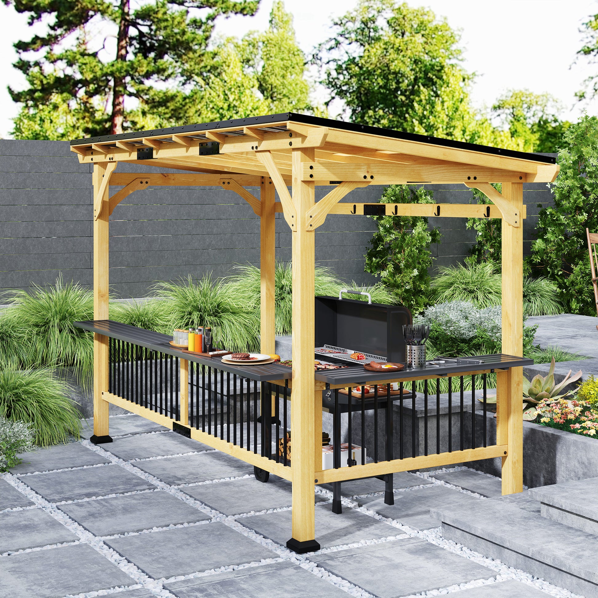 13' x 6' Wooden BBQ Grill Gazebo, Outdoor Hardtop Grill Gazebo with Metal Roof, 2 Bar Shelves and 6 Hooks, Natural - Morderncharm store