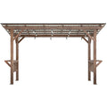 Wooden 13x6.5-foot pergola grill gazebo with metal roof, string bulbs, and bar counters for outdoor entertaining.