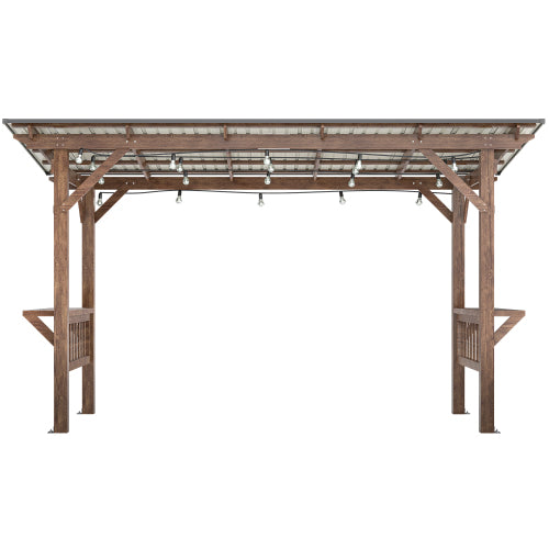 Wooden 13x6.5-foot pergola grill gazebo with metal roof, string bulbs, and bar counters for outdoor entertaining.