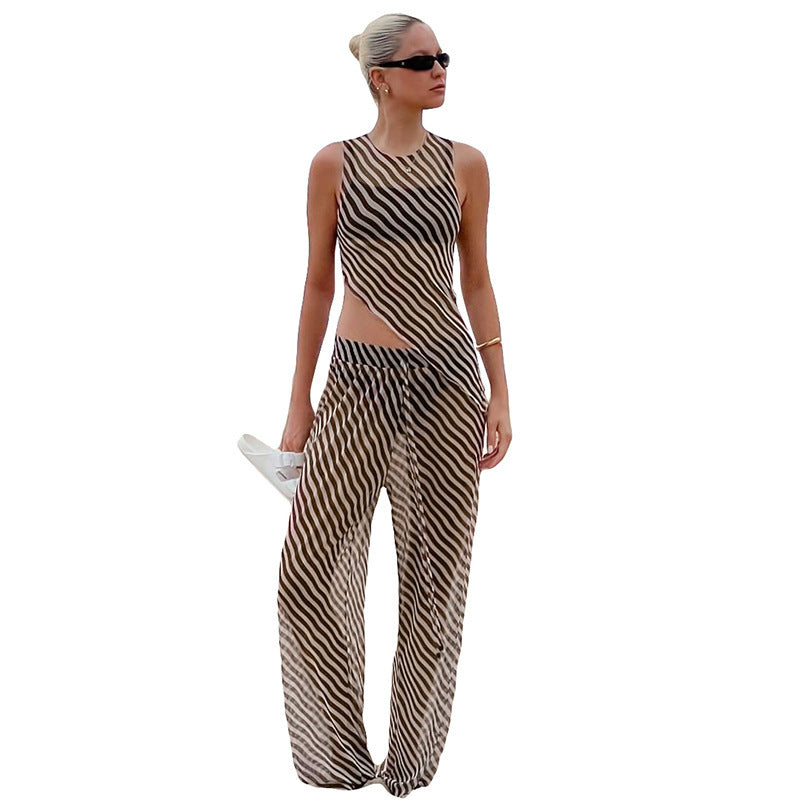 Women's Sleeveless Diagonal Stripes See-through Irregular Top Suit null