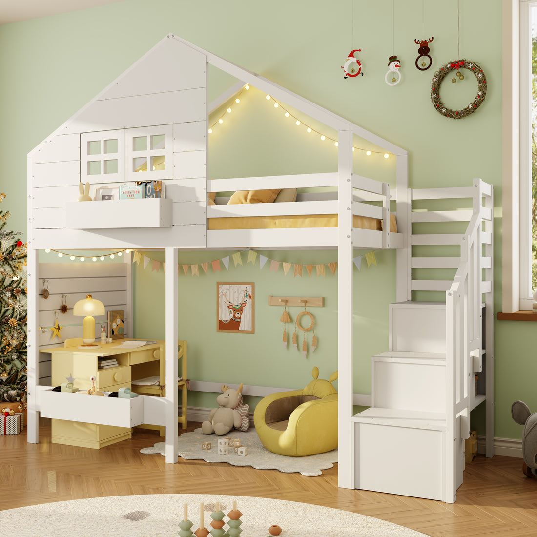 Wooden House Bunk Bed with Storage Stairs & Playhouse Frame - Morderncharm store