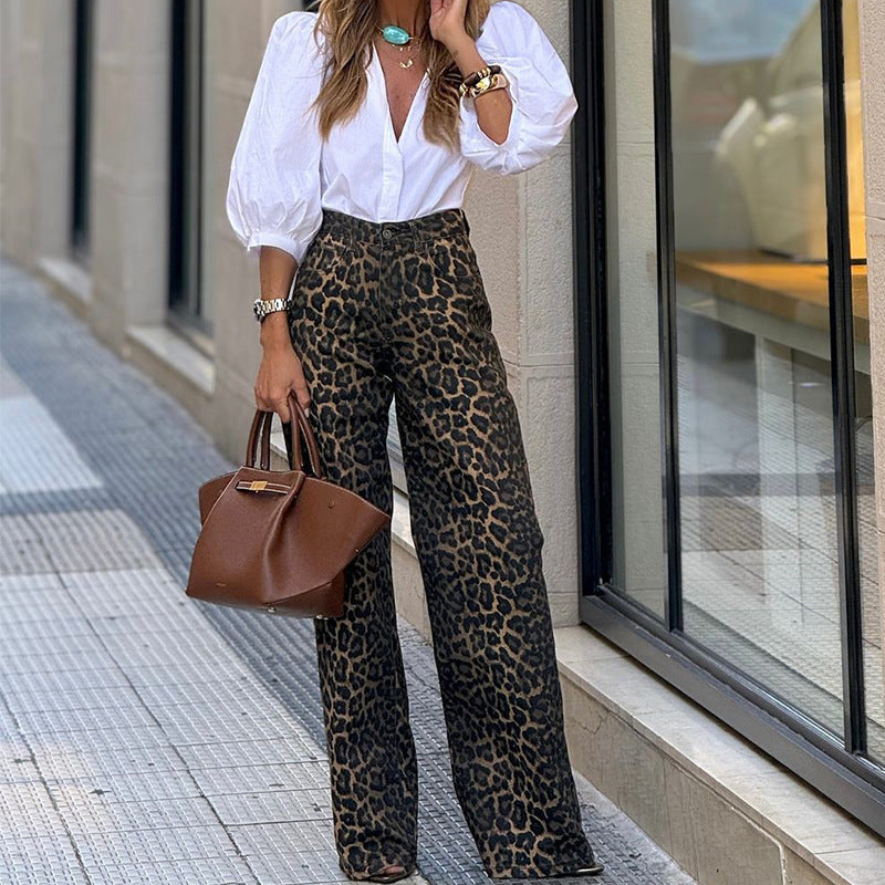Women's Fashion Temperament Leopard Print Straight Casual Trousers null