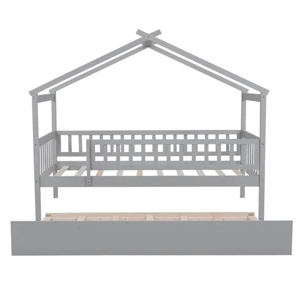 Twin size wooden house bed with attached trundle, featuring a cozy design and sturdy construction for kids' bedroom decor.