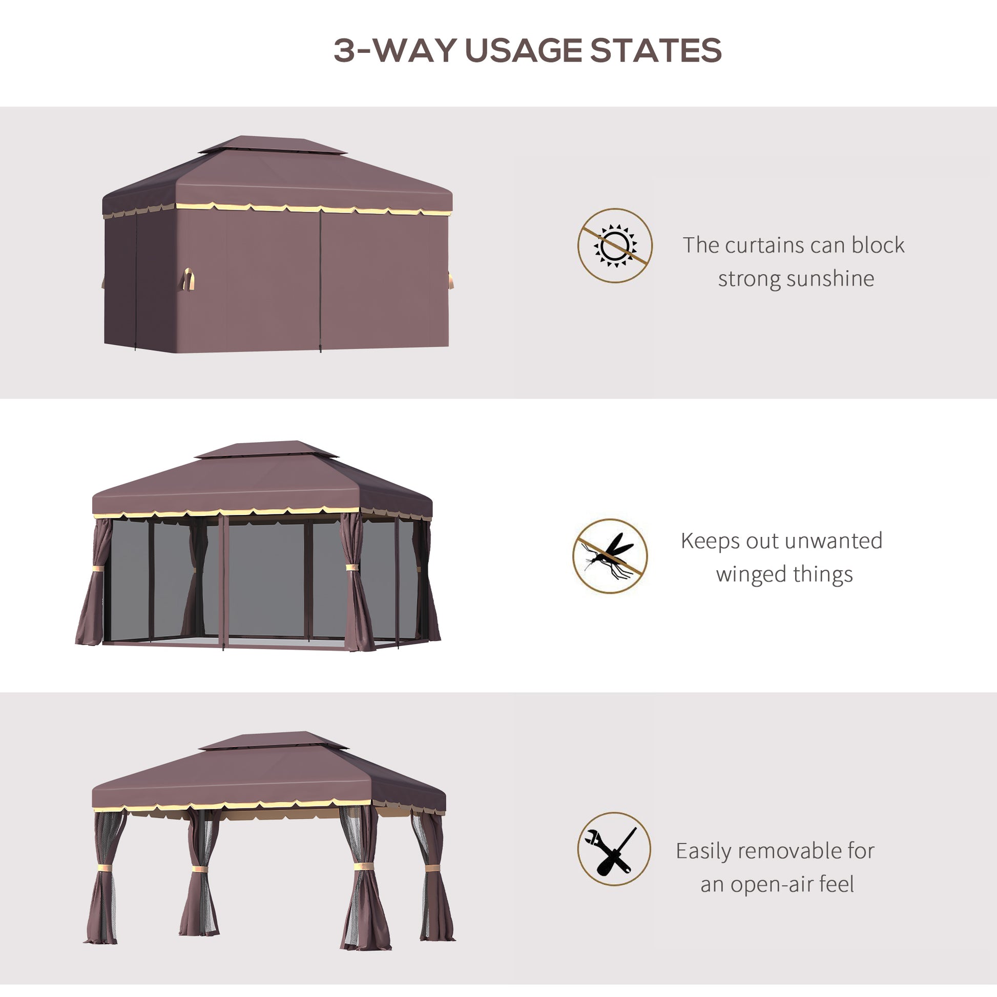 Aluminum 10x13 gazebo patio canopy with double roof, netting, and curtains for outdoor shelter and outdoor living space.